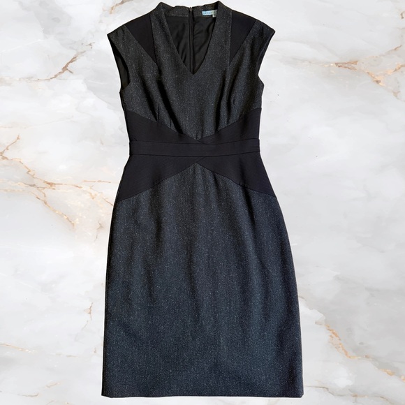 Stretchy Black and Tweed-Look V-Neck Midi Sheath Dress Slimming Waist Detail - Picture 2 of 7